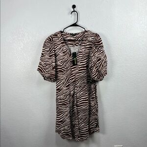 For Cynthia Womens Brown Tan Zebra Print Mini Dress Puff Sleeve Linen Blend Sz L